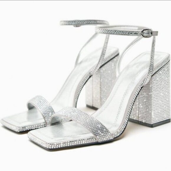 Zara Silver Block Heel Rhinestone Sandals - Picture 4 of 8